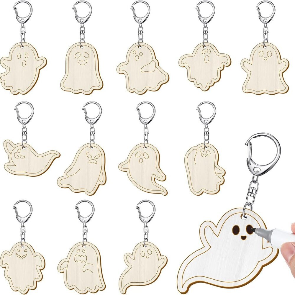 24 Pcs Ghost Craft Color Your Own Keychains DIY Craft Wooden Blank Keychains for